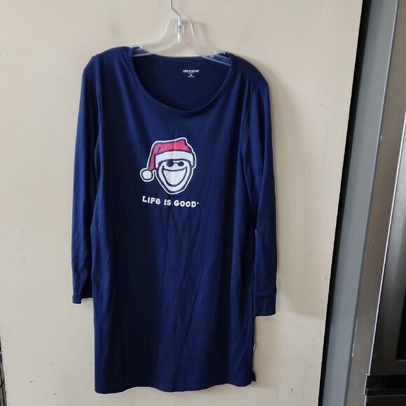 Life is Good Navy Long Sleeve Shirt with Santa Hat Graphic - Picture 1 of 3